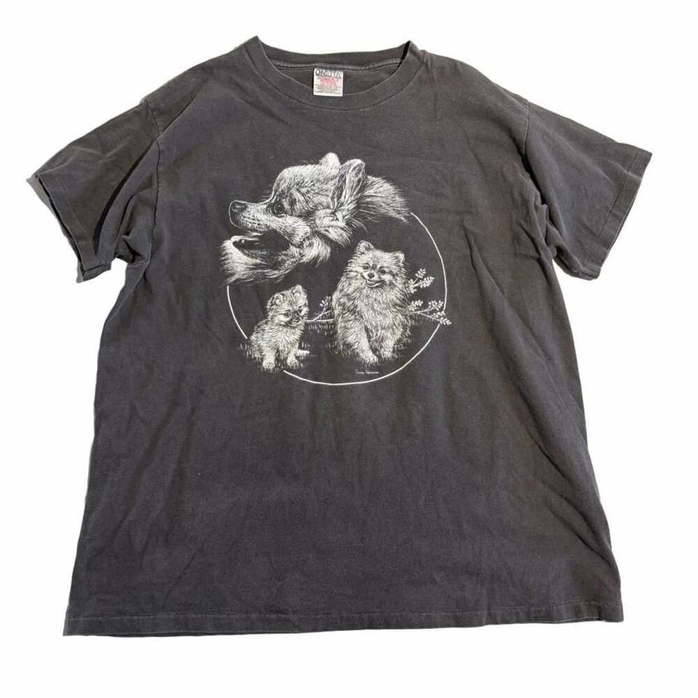 Oneita Pomeranian Dogs Graphic T-Shirt X Large Vintage Black Fade